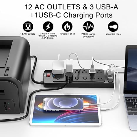 Power Strip, ALESTOR Surge Protector with 12 Outlets and 4 USB Ports, 6 Feet Extension Cord (1875W/15A), 2700 Joules, ETL Listed, Black