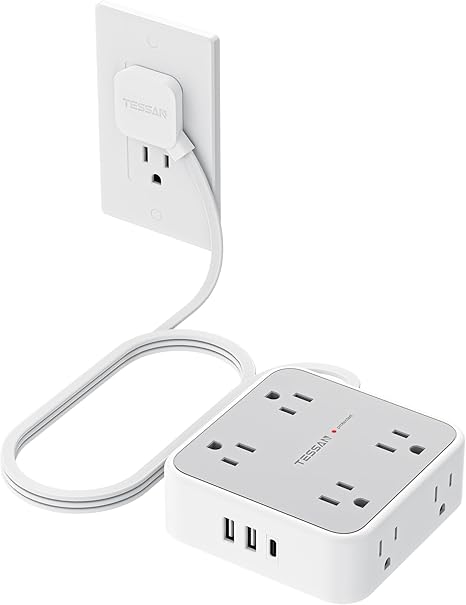 Surge Protector Power Strip, 5 Ft Flat Plug Extension Cord with 3 USB (1 USB C) 8 Outlets, 1250W, 900J