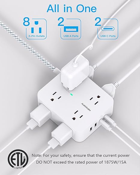 Power Strip - HANYCONY 8 Outlets 4 USB (2 USB C) Charging Ports, Multi Plug Outlet Extender
