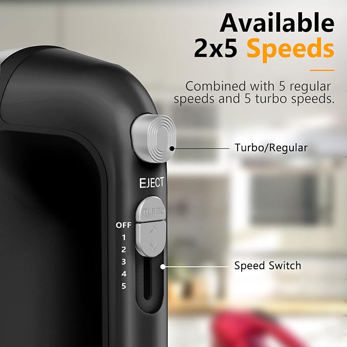 Hand Mixer Electric, 450W Kitchen Mixers with Scale Cup Storage Case, Turbo Boost/Self-Control Speed + 5 Speed + Eject Button + 5 Stainless Steel Accessories, For Easy Whipping Dough, Cream, Black