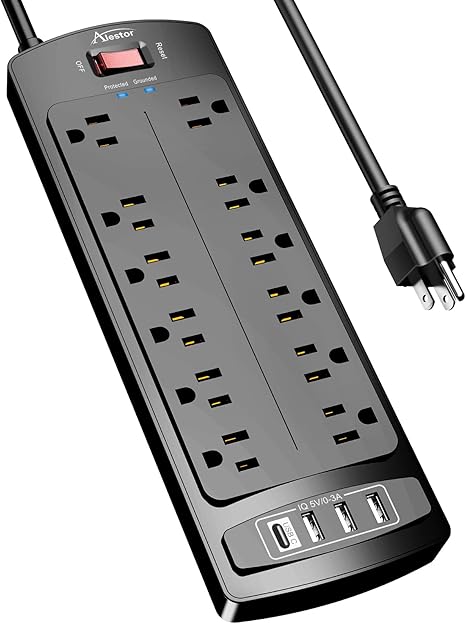 Power Strip, ALESTOR Surge Protector with 12 Outlets and 4 USB Ports, 6 Feet Extension Cord (1875W/15A), 2700 Joules, ETL Listed, Black