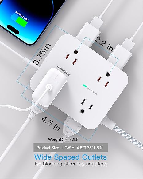 Power Strip - HANYCONY 8 Outlets 4 USB (2 USB C) Charging Ports, Multi Plug Outlet Extender