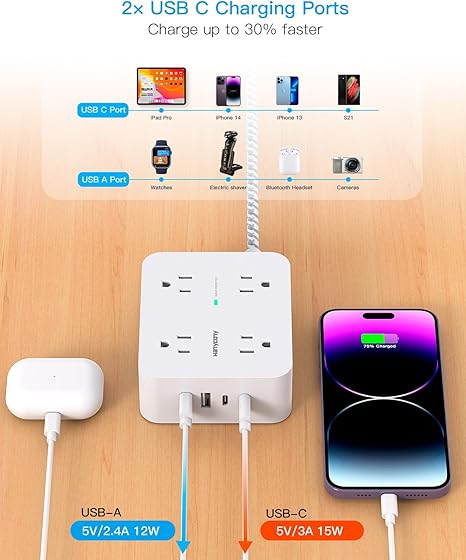 Power Strip - HANYCONY 8 Outlets 4 USB (2 USB C) Charging Ports, Multi Plug Outlet Extender
