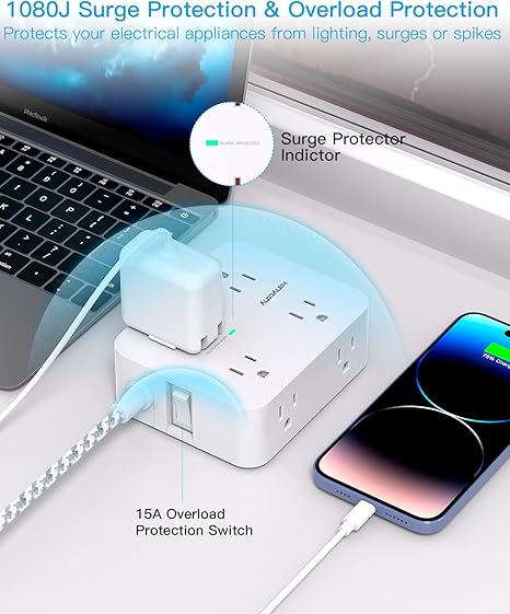 Power Strip - HANYCONY 8 Outlets 4 USB (2 USB C) Charging Ports, Multi Plug Outlet Extender
