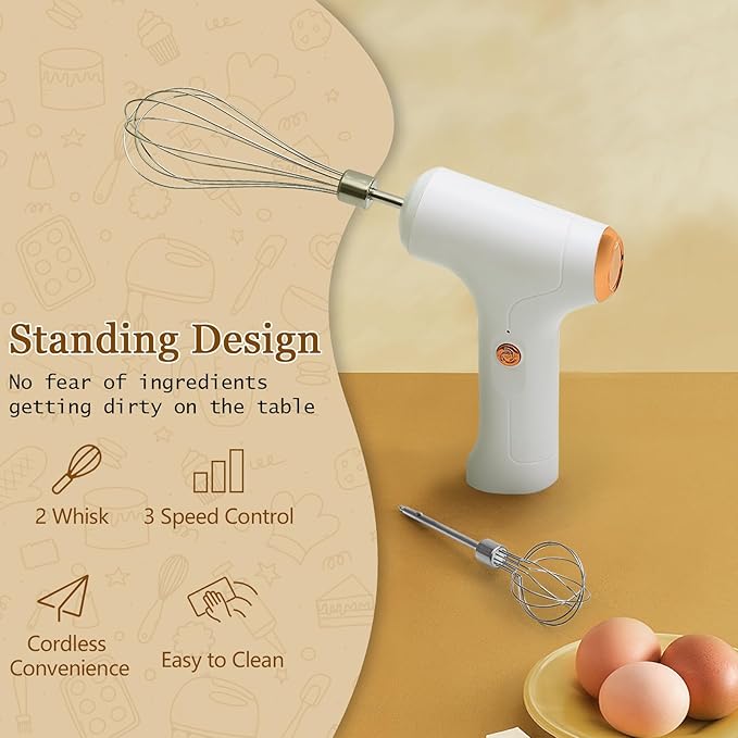 Cordless Hand Mixer, Handheld Electric Whisk with 3 Speed Modes, Hand Held Egg Beater with 2 Detachable Stir Whisks (White)