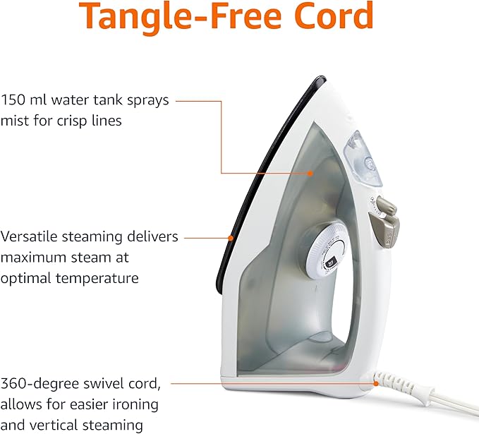 Amazon Basics 1200W 10” Steam Iron, With Non-Stick Teflon Soleplate, 5 Fl Oz Water Tank (150 ML), Auto Shut-Off, Anti-Drip, Anti-Calcification, Thermostat, 6.5Ft Cord, Gray