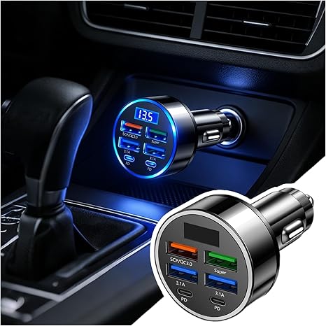 6 Ports Car Cigarette Lighter Adapter,Upgraded Car Cigarette Lighter USB Charger with Super/PD/3.1A/QC3.0 as Vehicle Electronics,24V/12V Cars Charger Adapter with LED Voltage Display