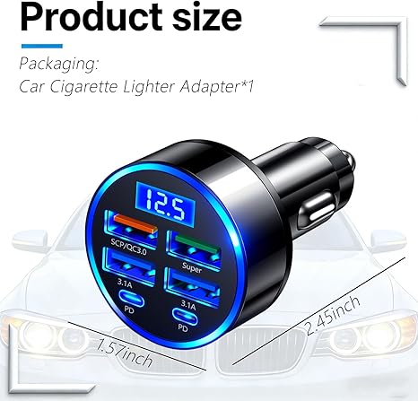 6 Ports Car Cigarette Lighter Adapter,Upgraded Car Cigarette Lighter USB Charger with Super/PD/3.1A/QC3.0 as Vehicle Electronics,24V/12V Cars Charger Adapter with LED Voltage Display