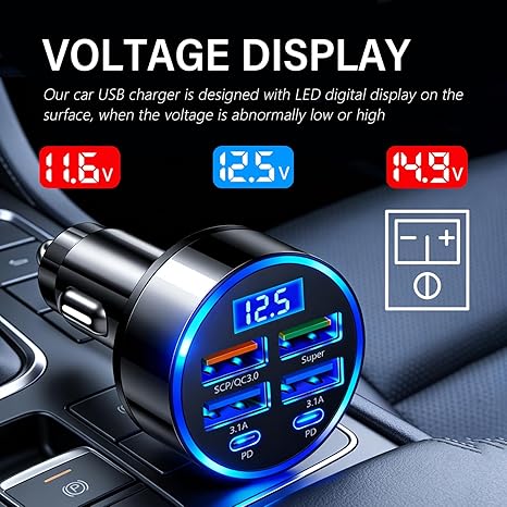 6 Ports Car Cigarette Lighter Adapter,Upgraded Car Cigarette Lighter USB Charger with Super/PD/3.1A/QC3.0 as Vehicle Electronics,24V/12V Cars Charger Adapter with LED Voltage Display
