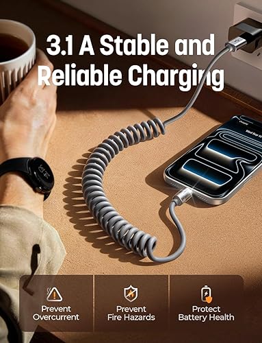 LISEN Coiled USB C Cable, 2 Pack for Android Auto & CarPlay Cable, Durable Short USB A to USB C Cable Gifts for Men Women Compatible with iPhone 17/16/15, Samsung Galaxy S25/S24/S23 A15/A14, Gray 4FT