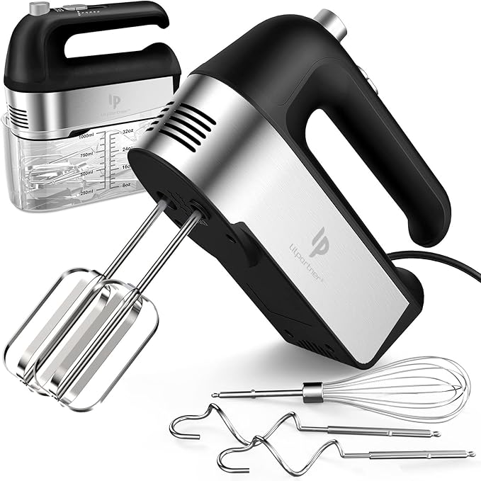Hand Mixer Electric, 450W Kitchen Mixers with Scale Cup Storage Case, Turbo Boost/Self-Control Speed + 5 Speed + Eject Button + 5 Stainless Steel Accessories, For Easy Whipping Dough, Cream, Black