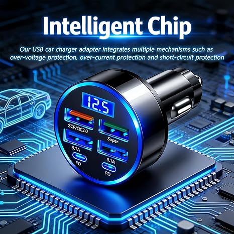 6 Ports Car Cigarette Lighter Adapter,Upgraded Car Cigarette Lighter USB Charger with Super/PD/3.1A/QC3.0 as Vehicle Electronics,24V/12V Cars Charger Adapter with LED Voltage Display