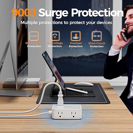 Surge Protector Power Strip, 5 Ft Flat Plug Extension Cord with 3 USB (1 USB C) 8 Outlets, 1250W, 900J