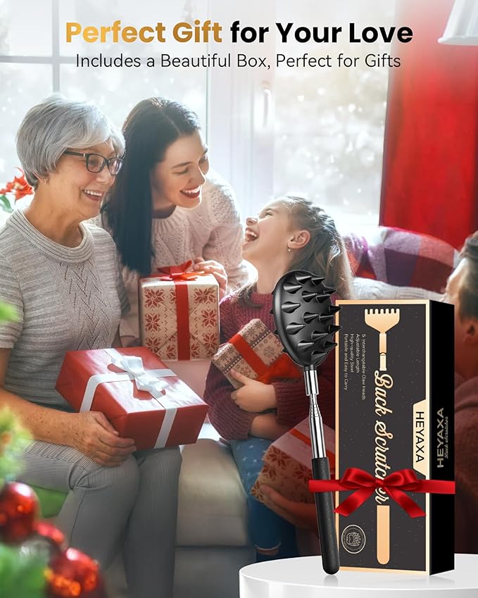 Telescoping Back Scratcher with 5 Detachable Heads, Valentines Day & Birthday Gifts for Men Women, Husband, Funny White Elephant Gifts for Adults with Gift Box