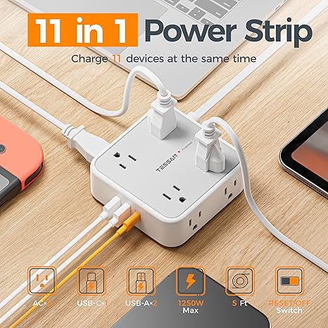 Surge Protector Power Strip, 5 Ft Flat Plug Extension Cord with 3 USB (1 USB C) 8 Outlets, 1250W, 900J